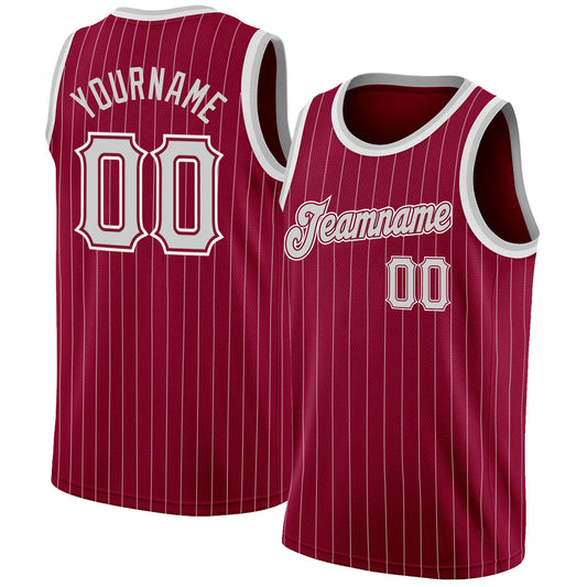 Custom Maroon White Pinstripe Gray-White Authentic Basketball Jersey - Sky-Custom