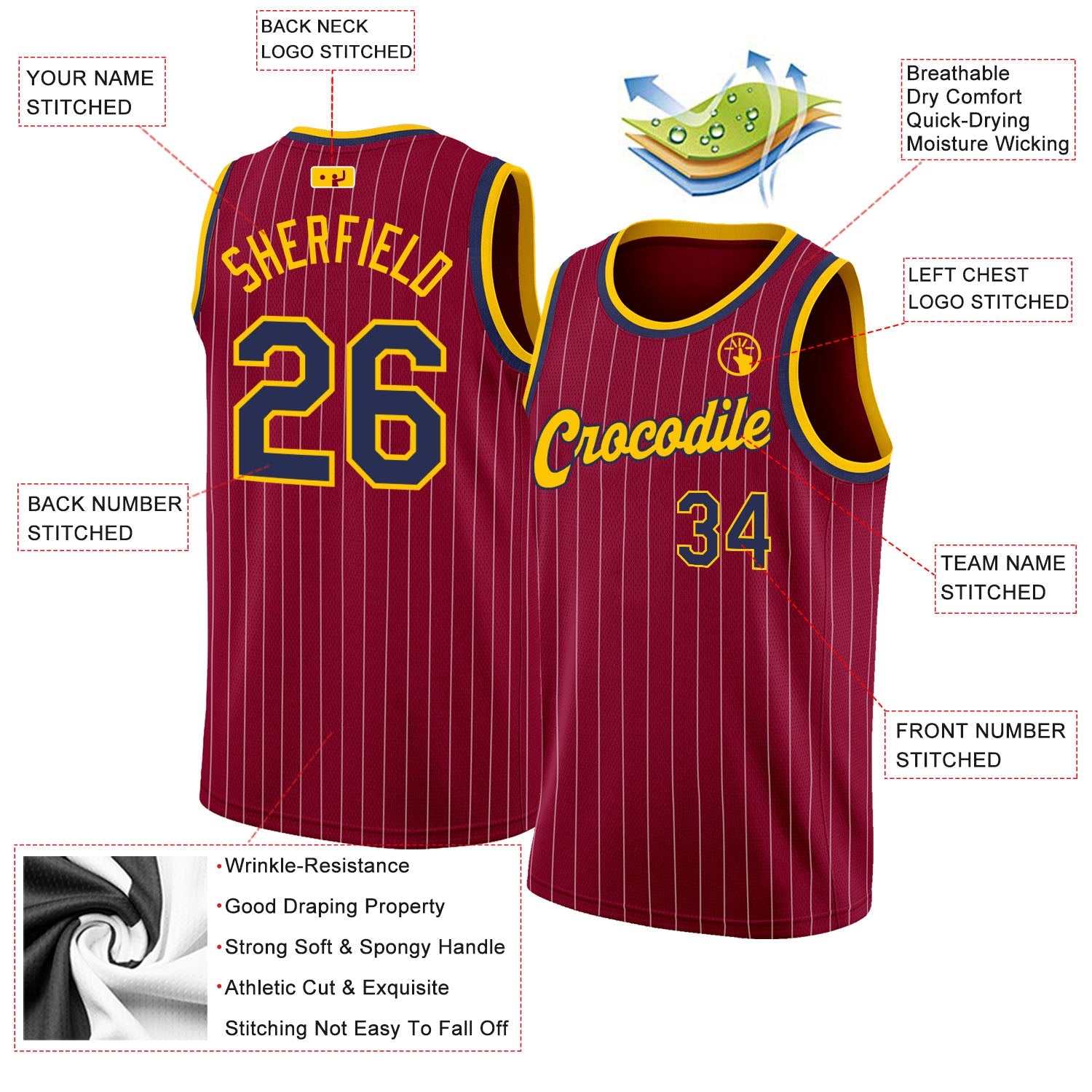 Custom Maroon White Pinstripe Navy-Gold Authentic Basketball Jersey - Sky-Custom