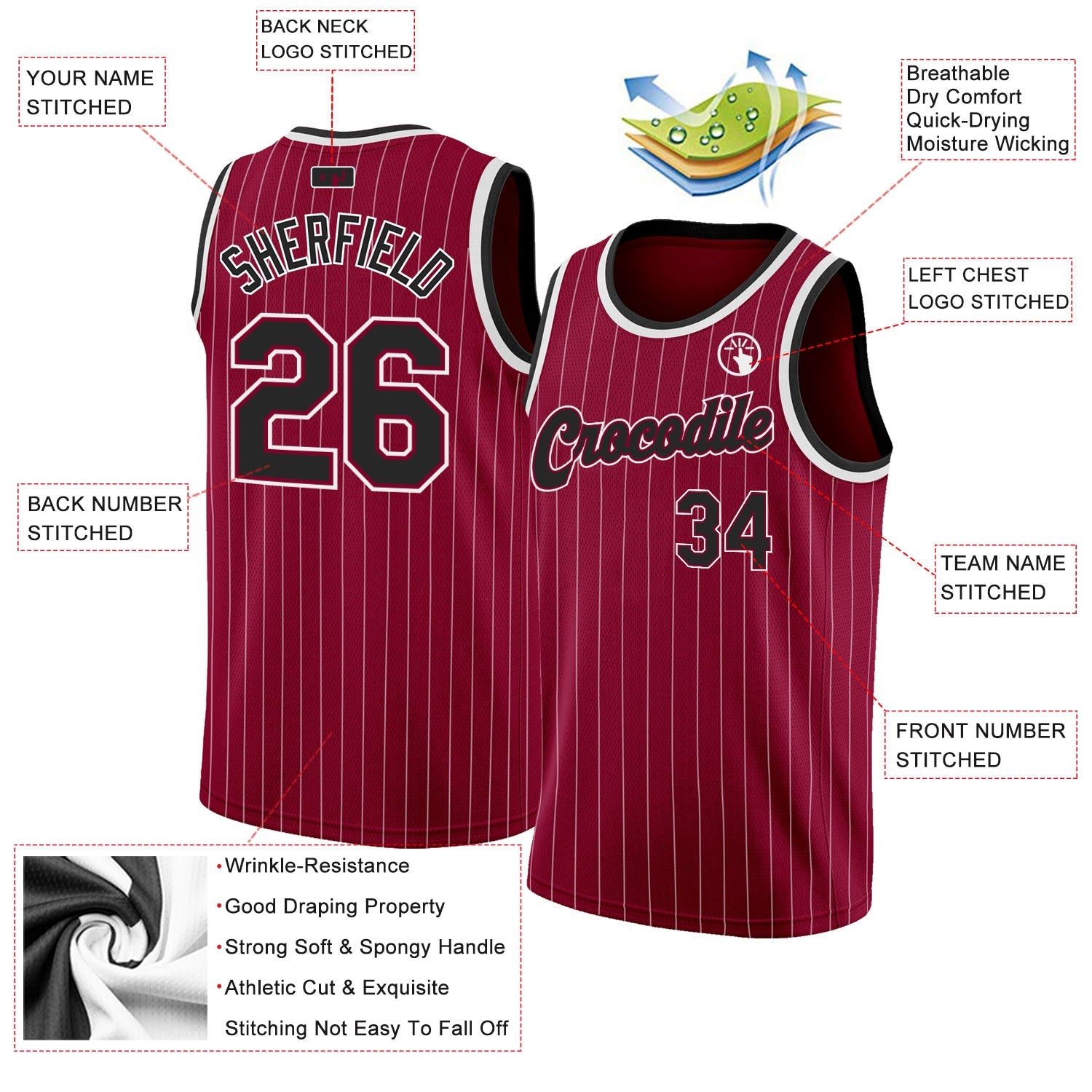 Custom Maroon White Pinstripe Black-White Authentic Basketball Jersey - Sky-Custom