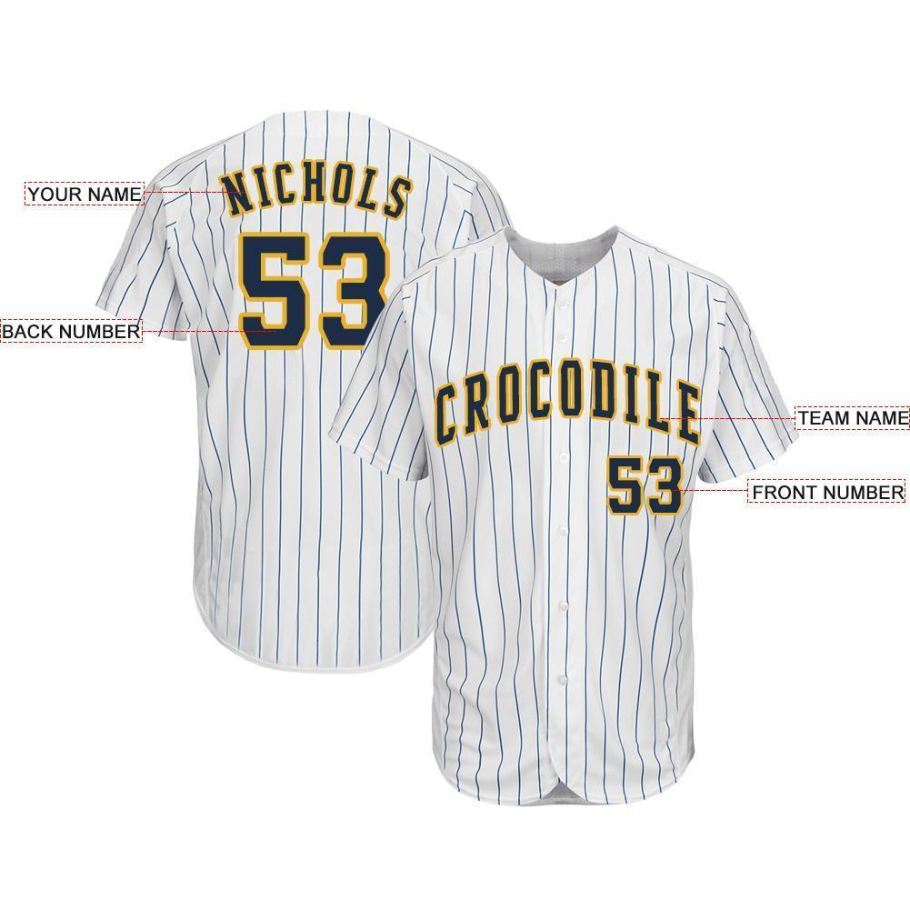 Custom White Royal Pinstripe Navy-Gold Baseball Jersey - Sky-Custom