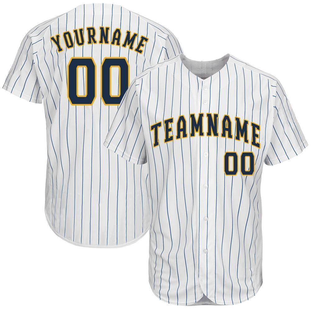 Custom White Royal Pinstripe Navy-Gold Baseball Jersey - Sky-Custom