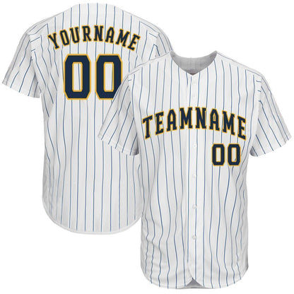 Custom White Royal Pinstripe Navy-Gold Baseball Jersey - Sky-Custom