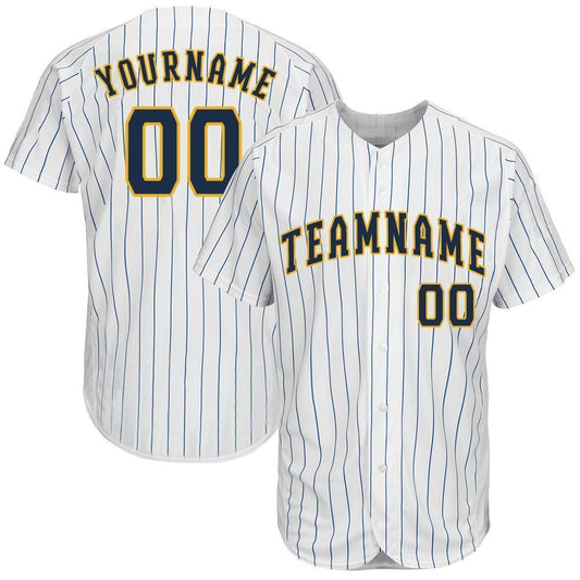 Custom White Royal Pinstripe Navy-Gold Baseball Jersey - Sky-Custom