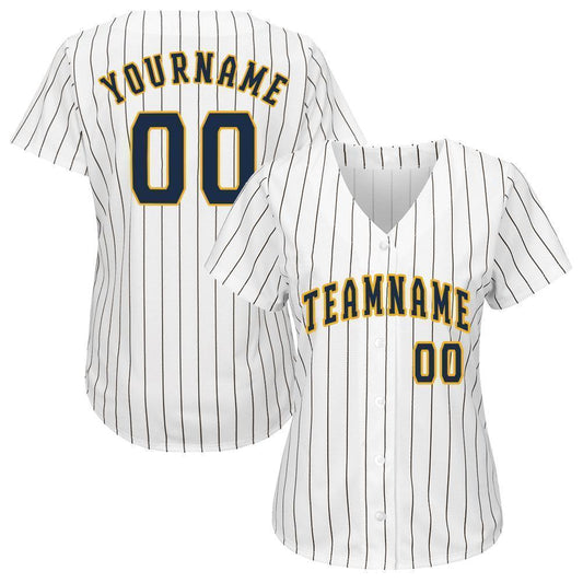 Custom White Royal Pinstripe Navy-Gold Baseball Jersey - Sky-Custom