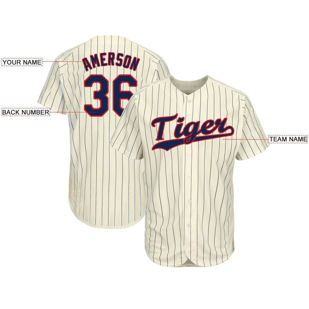 Custom Cream Navy Pinstripe Navy-Red Baseball Jersey - Sky-Custom