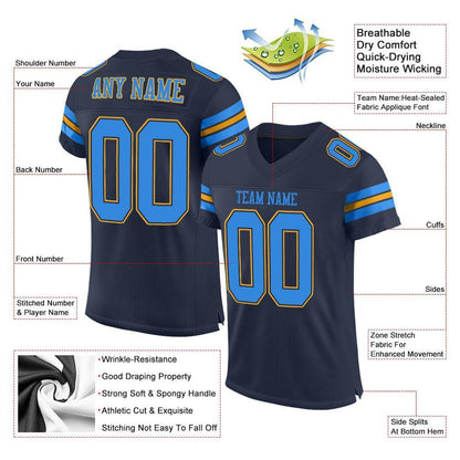 Custom Navy Powder Blue-Gold Mesh Authentic Football Jersey - Sky-Custom