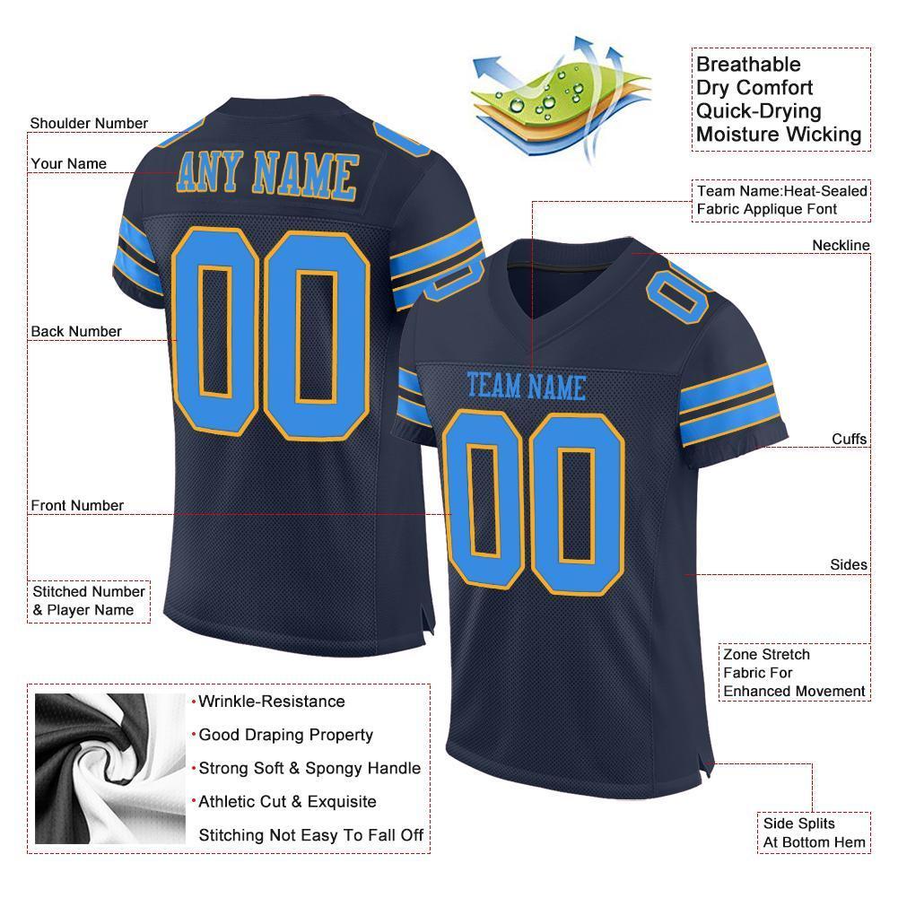 Custom Navy Powder Blue-Gold Mesh Authentic Football Jersey - Sky-Custom