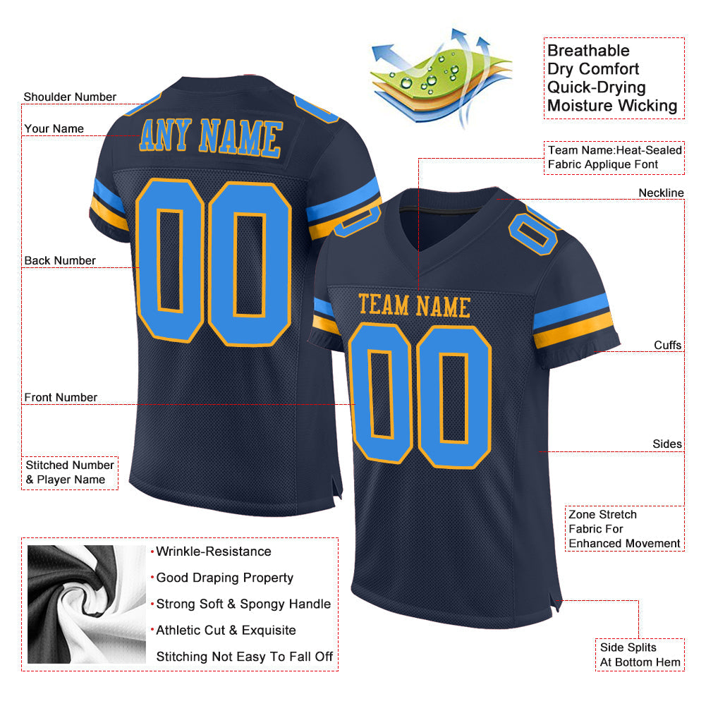 Custom Navy Powder Blue-Gold Mesh Authentic Football Jersey - Sky-Custom