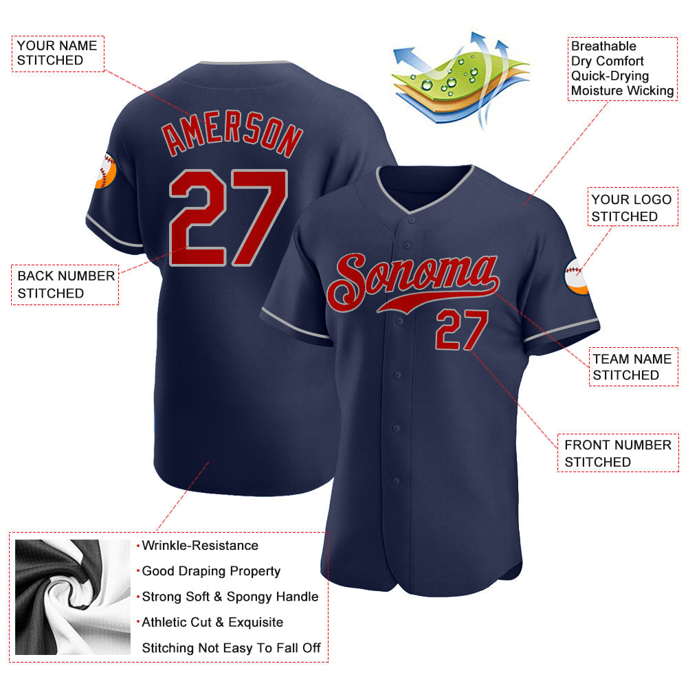 Custom Navy Red-Gray Authentic Baseball Jersey - Sky-Custom
