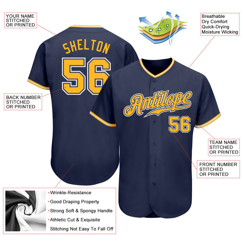 Custom Navy Gold-White Authentic Baseball Jersey - Sky-Custom