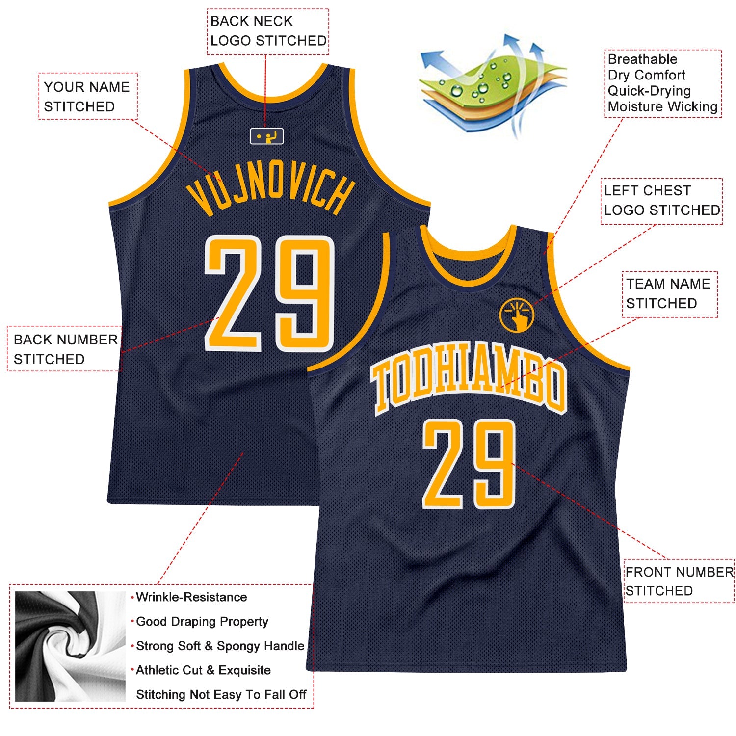 Custom Navy Gold-White Authentic Throwback Basketball Jersey - Sky-Custom