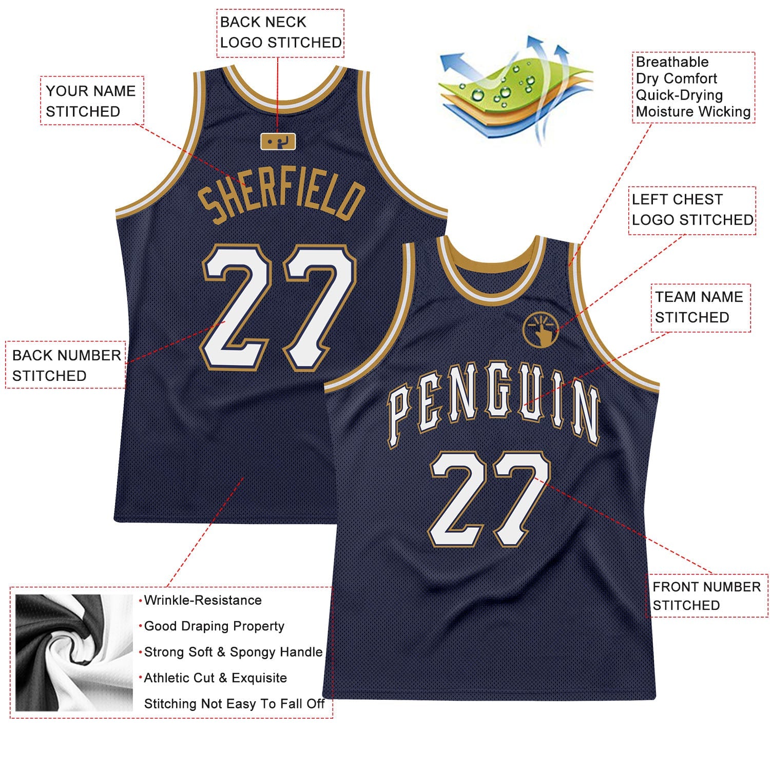 Custom Navy White-Old Gold Authentic Throwback Basketball Jersey - Sky-Custom