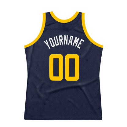 Custom Navy Gold-White Authentic Throwback Basketball Jersey - Sky-Custom