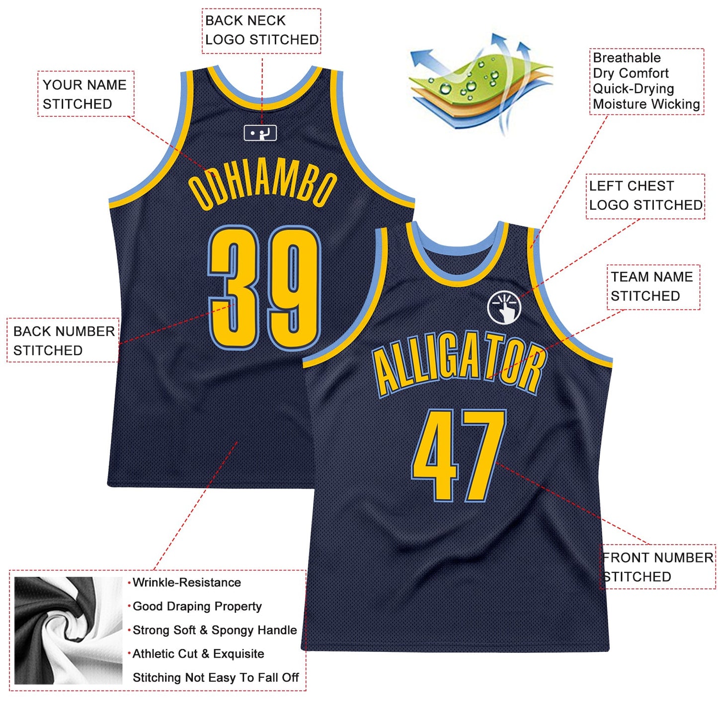 Custom Navy Gold-Light Blue Authentic Throwback Basketball Jersey - Sky-Custom