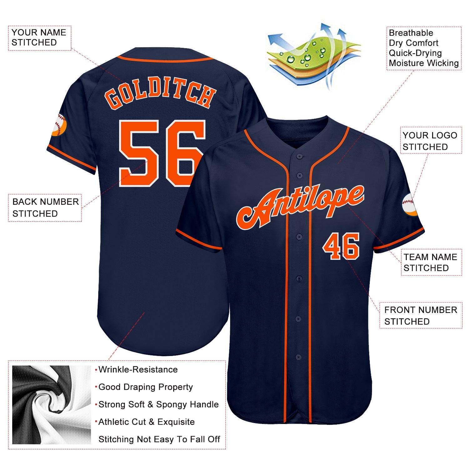 Custom Navy Orange-White Authentic Baseball Jersey - Sky-Custom