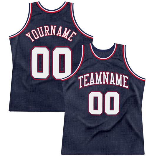 Custom Navy White-Red Authentic Throwback Basketball Jersey - Sky-Custom