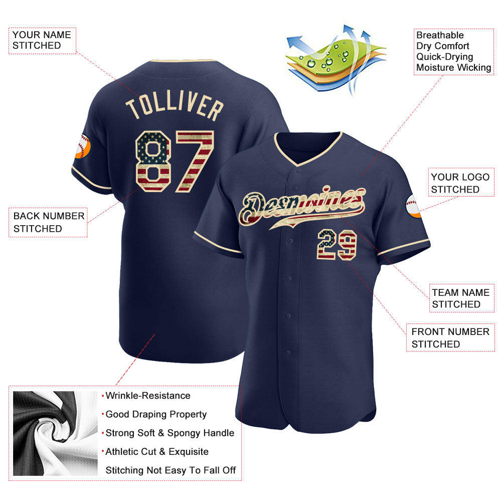 Custom Navy Vintage USA Flag-Cream Authentic Baseball Jersey - Sky-Custom