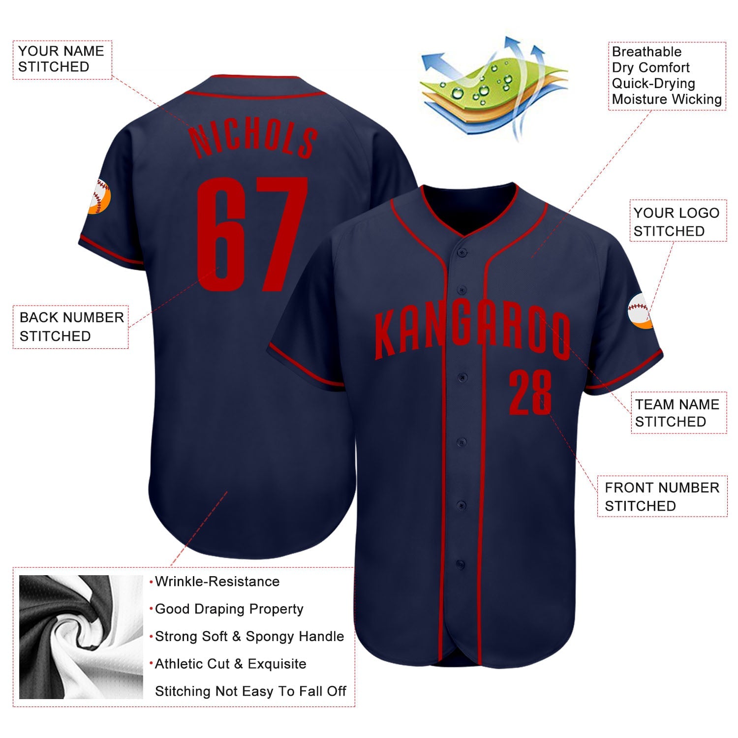 Custom Navy Red Authentic Baseball Jersey - Sky-Custom
