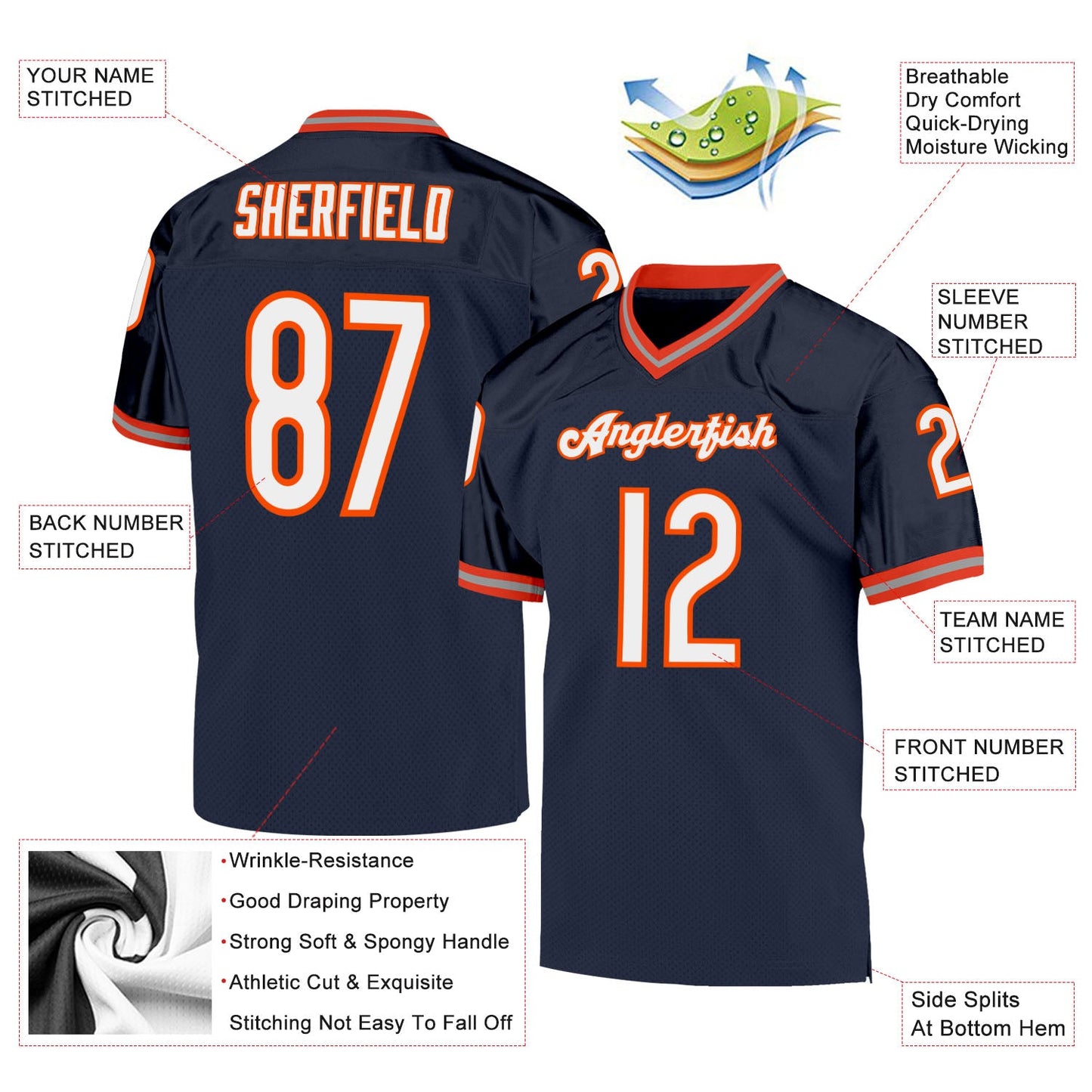 Custom Navy White-Orange Mesh Authentic Throwback Football Jersey - Sky-Custom