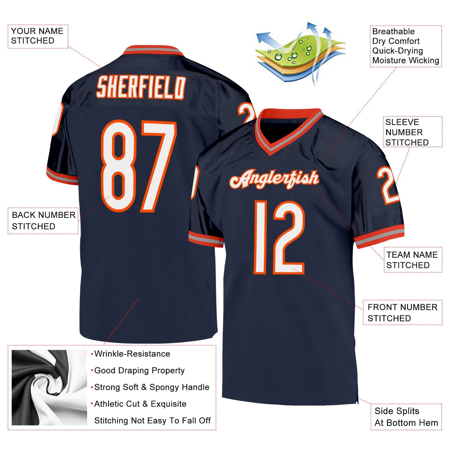 Custom Navy White-Orange Mesh Authentic Throwback Football Jersey - Sky-Custom