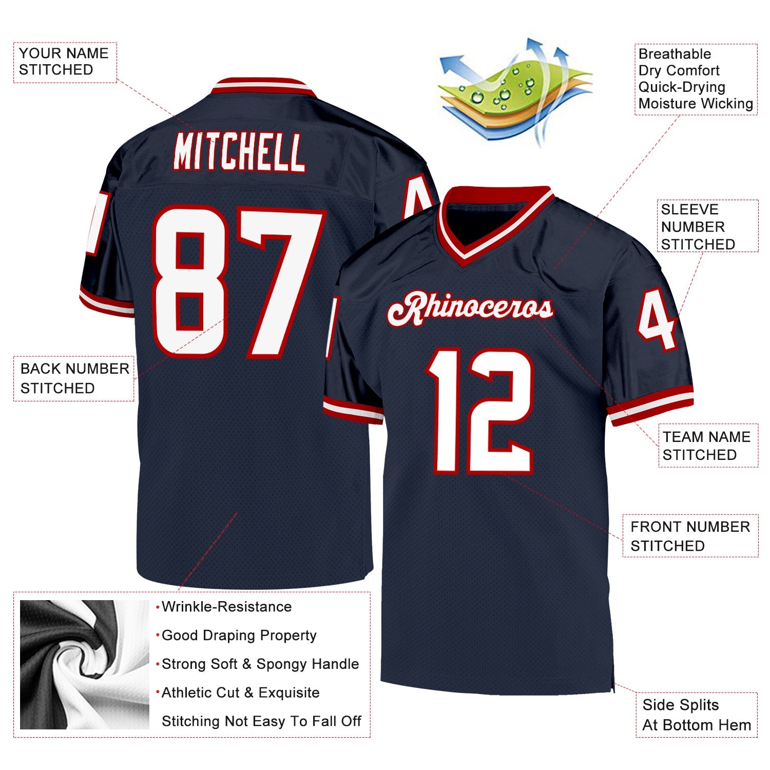 Custom Navy White-Red Mesh Authentic Throwback Football Jersey - Sky-Custom