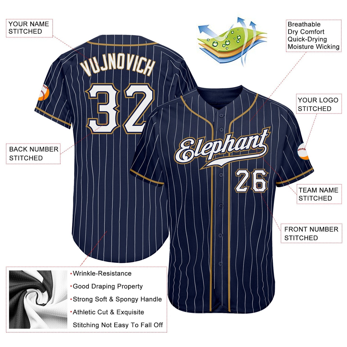 Custom Navy White Pinstripe White-Old Gold Authentic Baseball Jersey - Sky-Custom