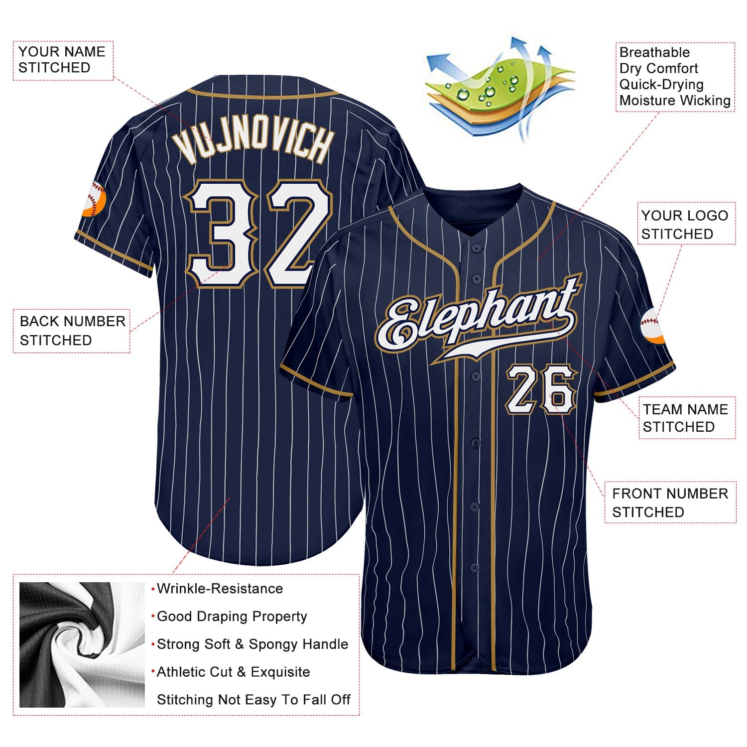 Custom Navy White Pinstripe White-Old Gold Authentic Baseball Jersey - Sky-Custom