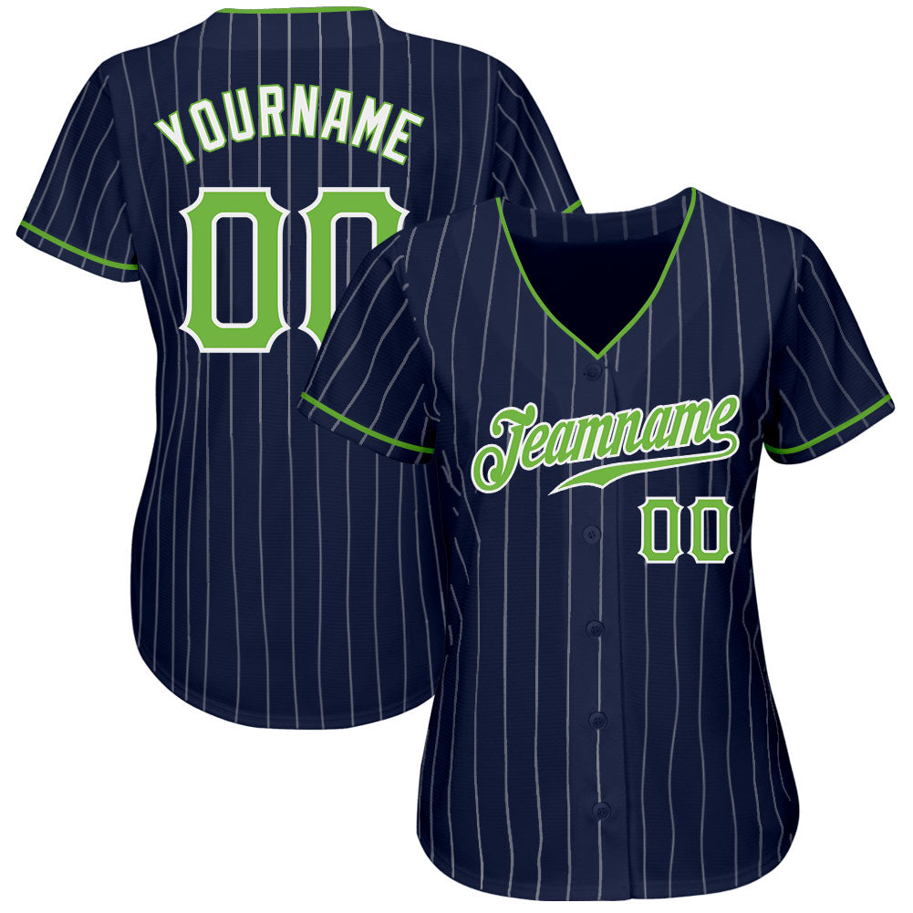 Custom Navy White Pinstripe Neon Green-White Authentic Baseball Jersey - Sky-Custom