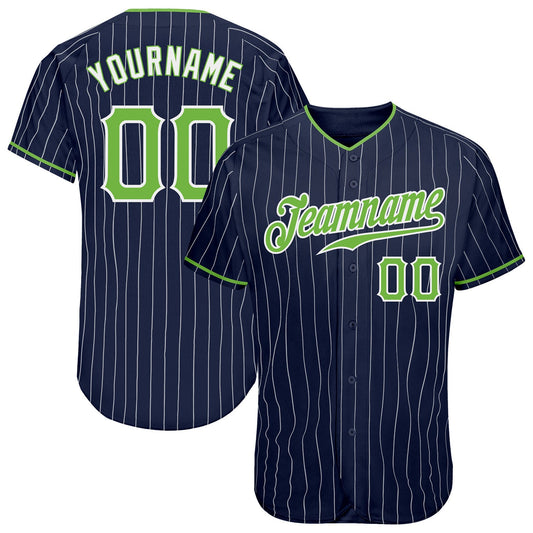 Custom Navy White Pinstripe Neon Green-White Authentic Baseball Jersey - Sky-Custom