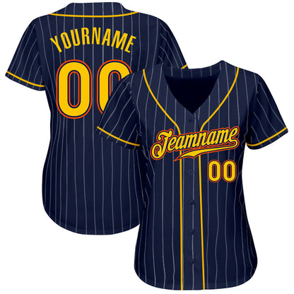 Custom Navy White Pinstripe Gold-Orange Authentic Baseball Jersey - Sky-Custom