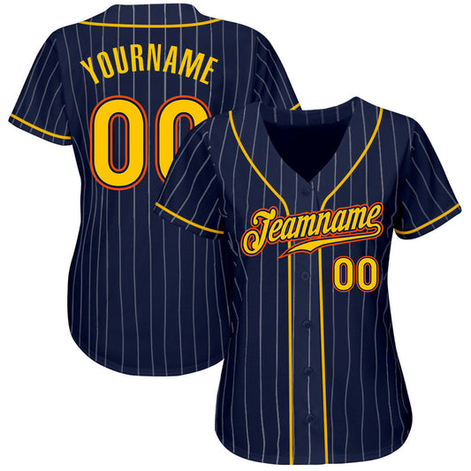 Custom Navy White Pinstripe Gold-Orange Authentic Baseball Jersey - Sky-Custom