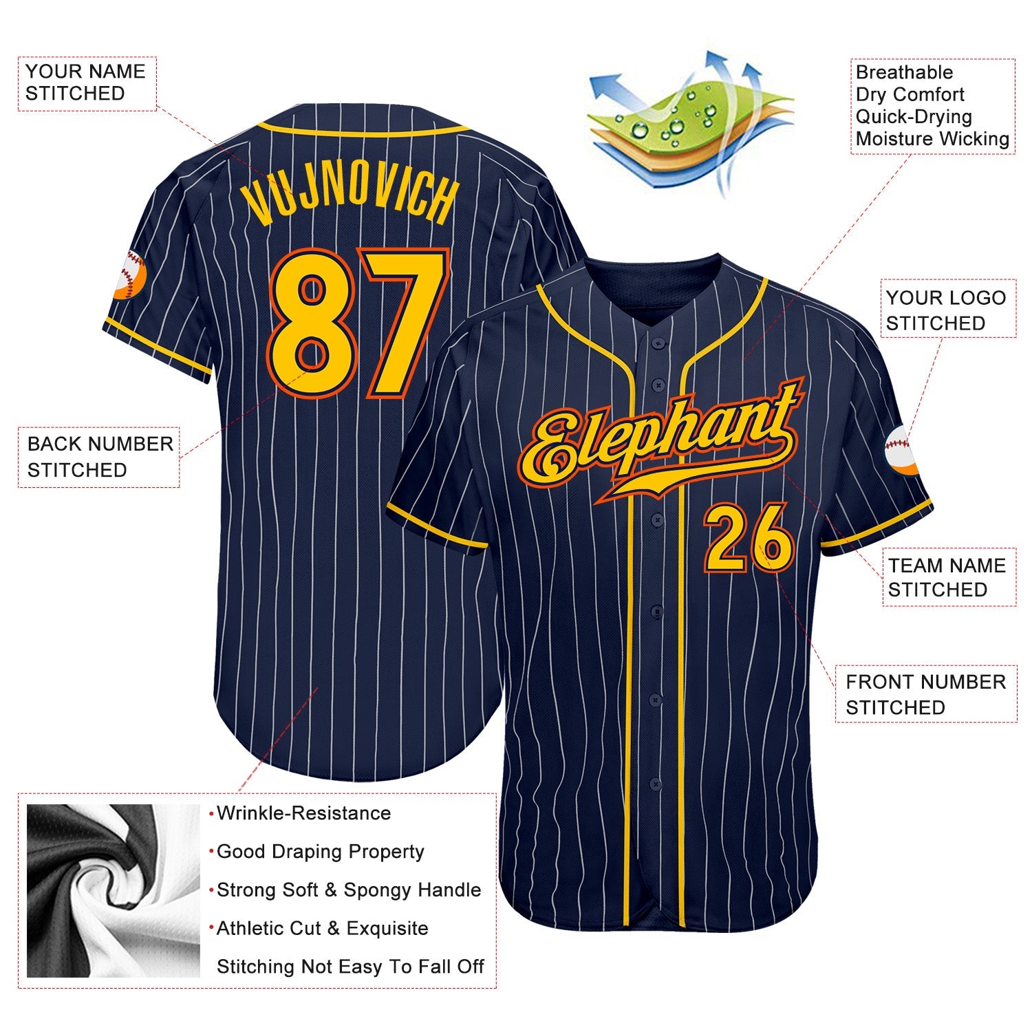 Custom Navy White Pinstripe Gold-Orange Authentic Baseball Jersey - Sky-Custom