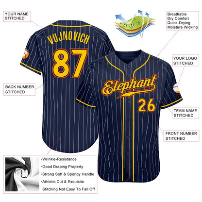 Custom Navy White Pinstripe Gold-Orange Authentic Baseball Jersey - Sky-Custom