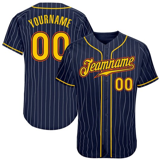 Custom Navy White Pinstripe Gold-Orange Authentic Baseball Jersey - Sky-Custom