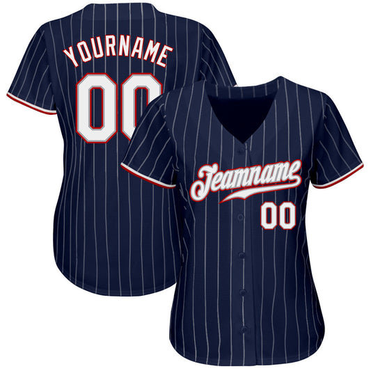 Custom Navy White Pinstripe White-Red Authentic Baseball Jersey - Sky-Custom