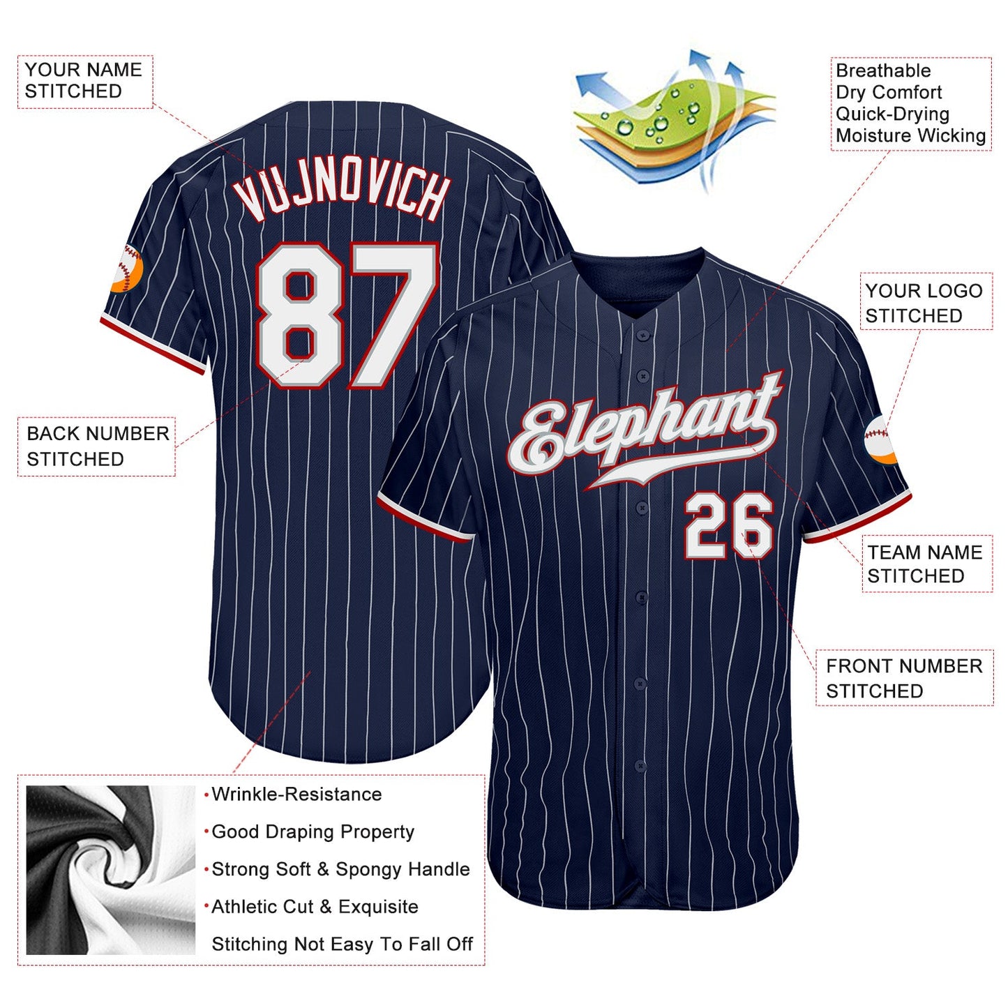 Custom Navy White Pinstripe White-Red Authentic Baseball Jersey - Sky-Custom