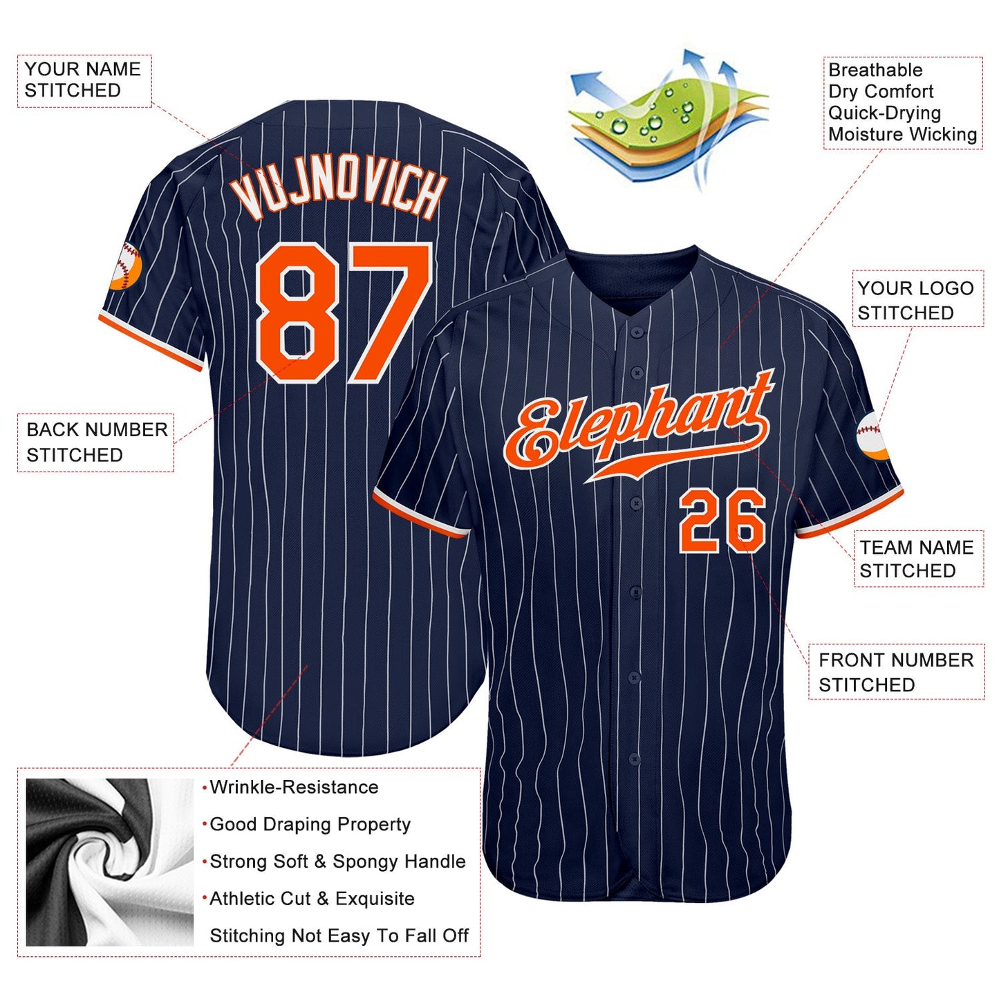 Custom Navy White Pinstripe Orange-White Authentic Baseball Jersey - Sky-Custom