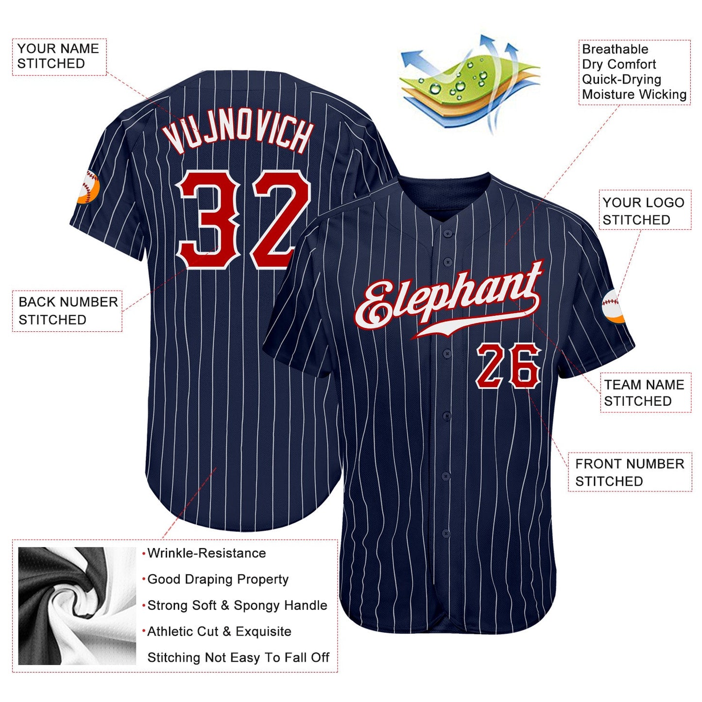 Custom Navy White Pinstripe Red-White Authentic Baseball Jersey - Sky-Custom