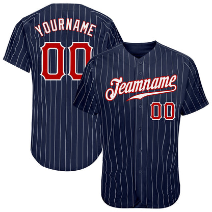 Custom Navy White Pinstripe Red-White Authentic Baseball Jersey - Sky-Custom