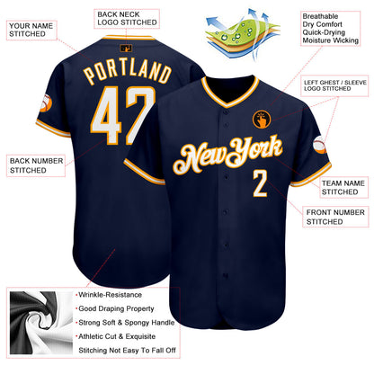 Custom Navy White-Gold Authentic Baseball Jersey - Sky-Custom