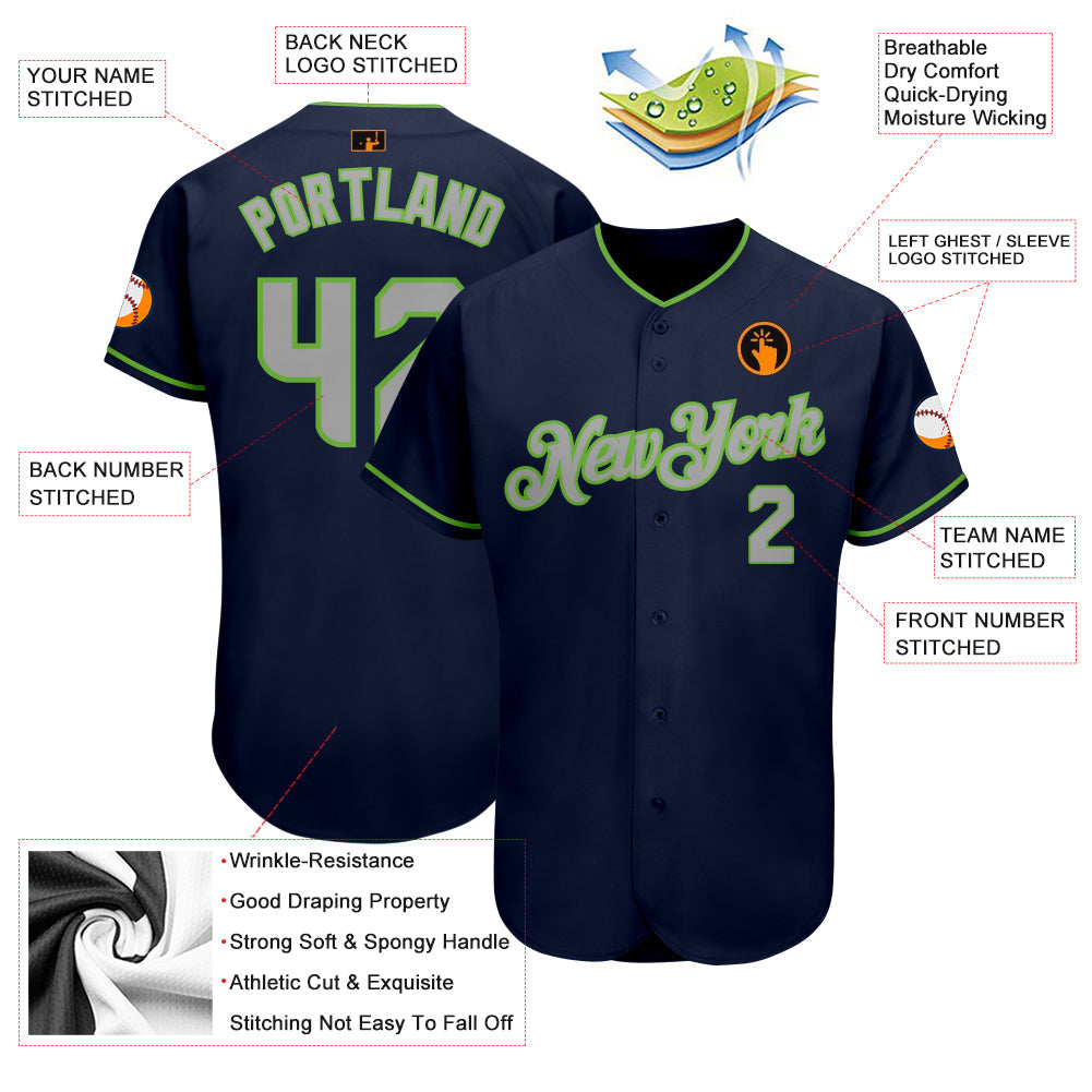 Custom Navy Gray-Neon Green Authentic Baseball Jersey Jersey - Sky-Custom