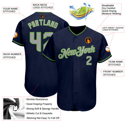Custom Navy Gray-Neon Green Authentic Baseball Jersey Jersey - Sky-Custom