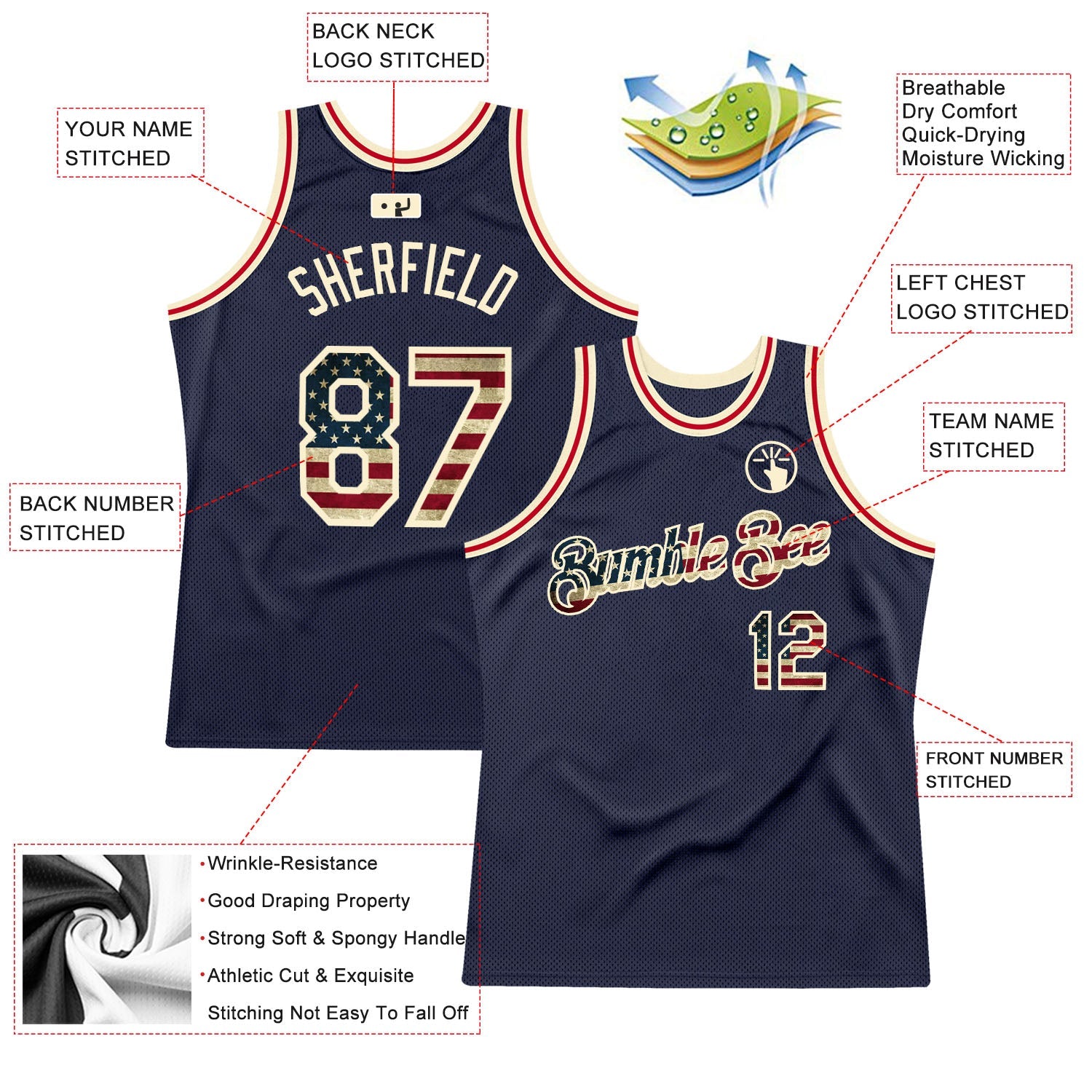Custom Navy Vintage USA Flag-Cream Authentic Throwback Basketball Jersey - Sky-Custom