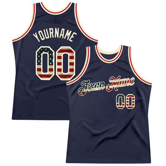 Custom Navy Vintage USA Flag-Cream Authentic Throwback Basketball Jersey - Sky-Custom