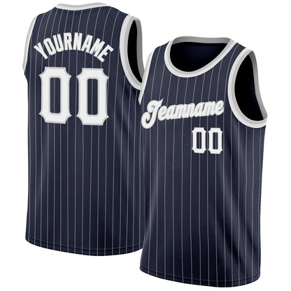 Custom Navy White Pinstripe White-Gray Authentic Basketball Jersey - Sky-Custom