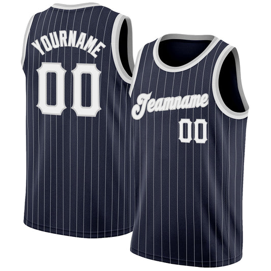 Custom Navy White Pinstripe White-Gray Authentic Basketball Jersey - Sky-Custom