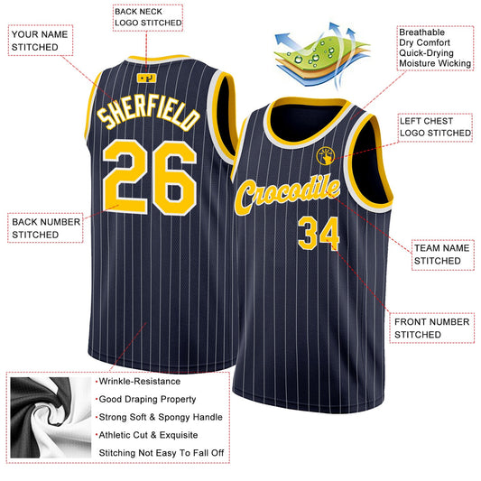 Custom Navy White Pinstripe Gold-White Authentic Basketball Jersey - Sky-Custom