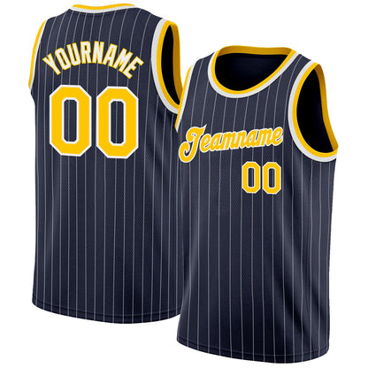 Custom Navy White Pinstripe Gold-White Authentic Basketball Jersey - Sky-Custom
