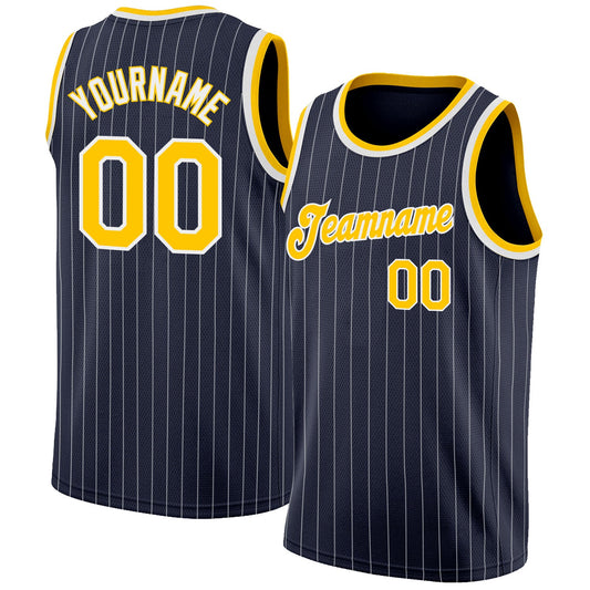 Custom Navy White Pinstripe Gold-White Authentic Basketball Jersey - Sky-Custom