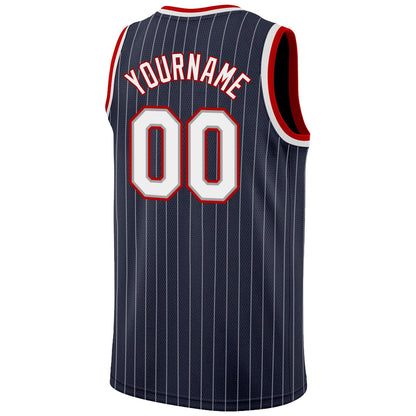 Custom Navy White Pinstripe White-Red Authentic Basketball Jersey - Sky-Custom